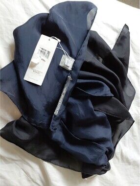 NWT Eileen Fisher Silk Scarf Black And Navy $128 #760